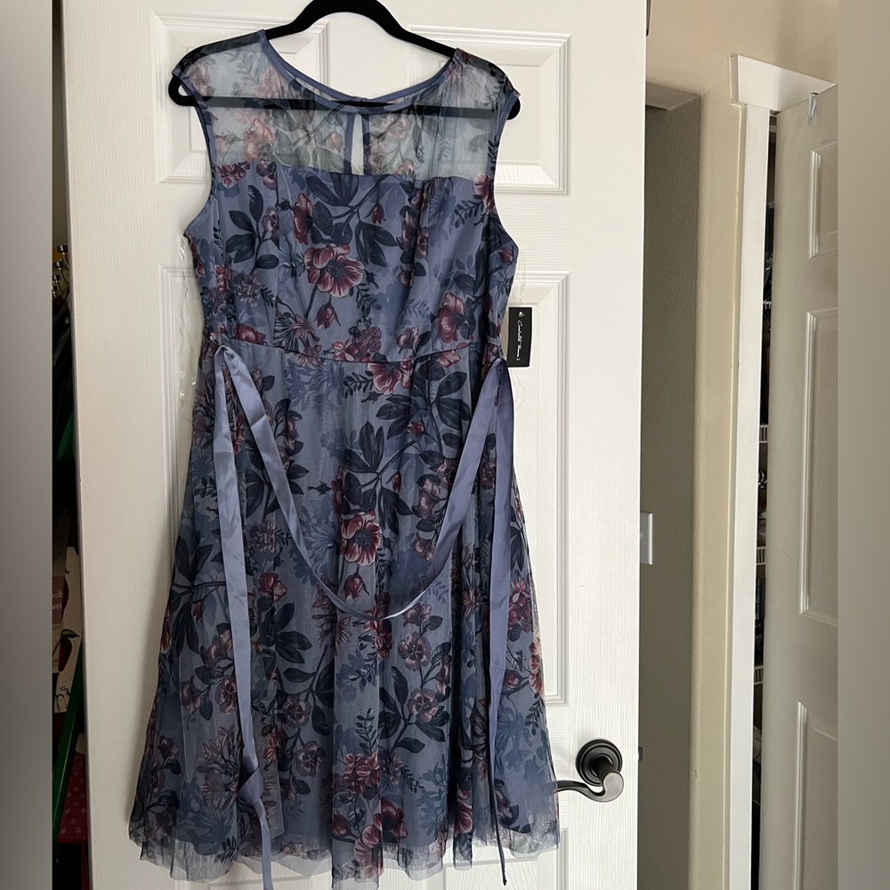 Floral Mesh Overlay Sleeveless Wedding Guest Dress - Blue